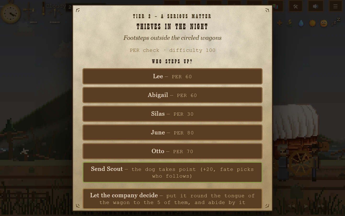 A decision card open over the trail scene, asking who steps up and what the company does about it.